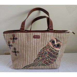 Sakroots Straw Embroidered Owl Carry All Tote Handbag Purse Brown SAK 18x10